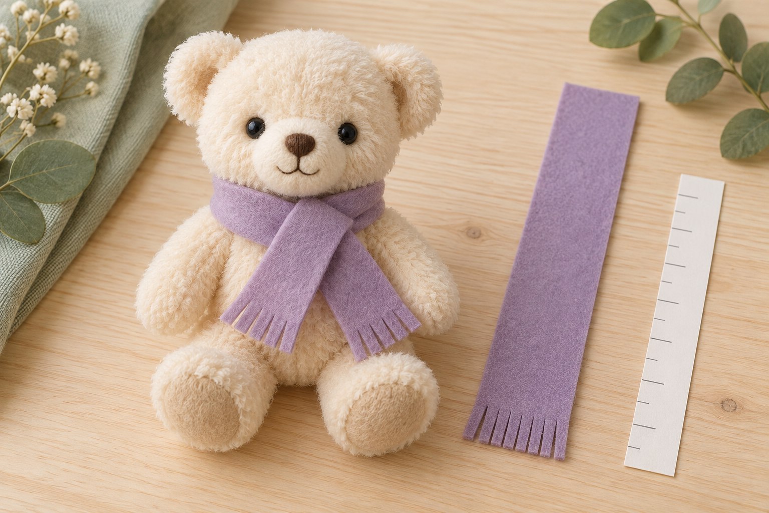 ラベンダー色のフェルトマフラーをつけたぬいぐるみと切り出す帯の完成イメージ（生成画像）