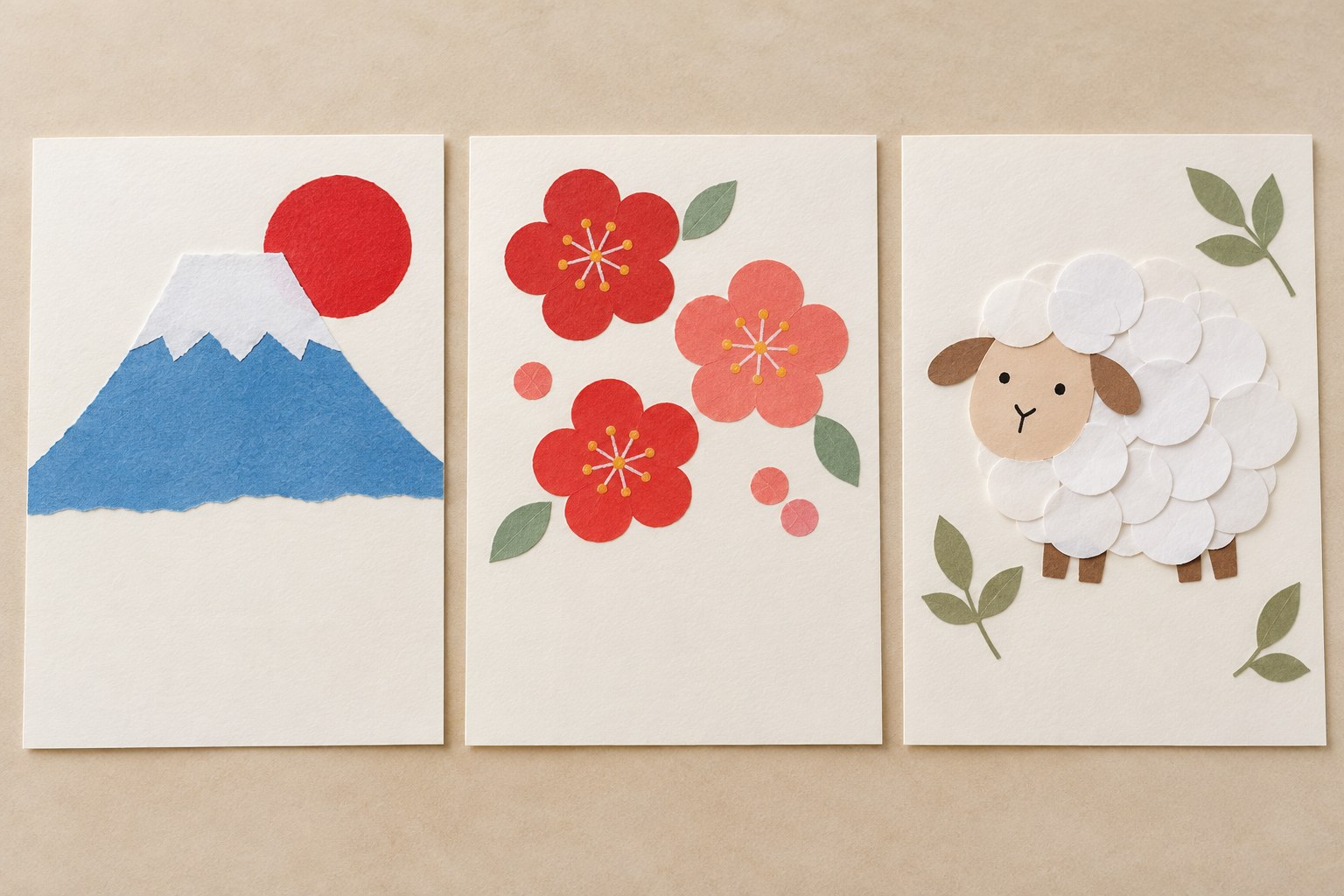 富士山・梅の花・ひつじの手作り年賀状の完成イメージ（生成画像）