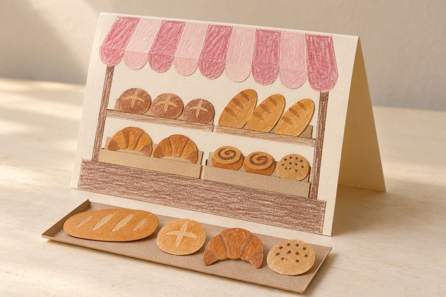 二つ折りの画用紙で作るお店屋さんの完成イメージ（生成画像）