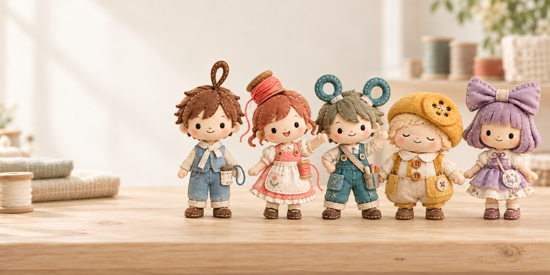 手芸道具をモチーフにした5人の布製キャラクター、モノノンの仲間たち