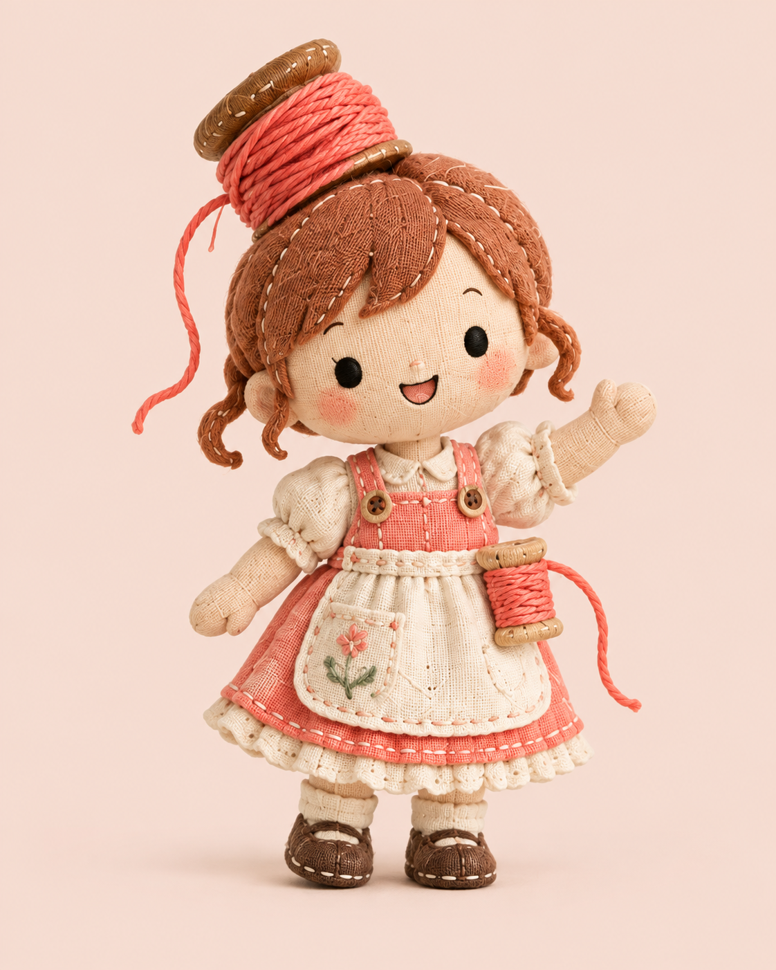 コーラル色の背景に全身が見える糸のボビンちゃん